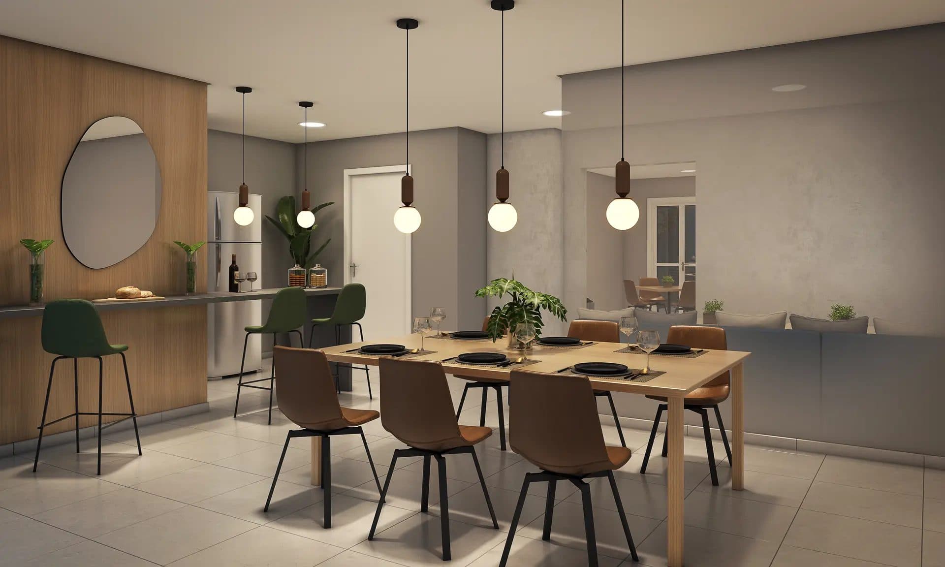Sala de jantar integrada com mesa para seis lugares e pendentes decorativos.