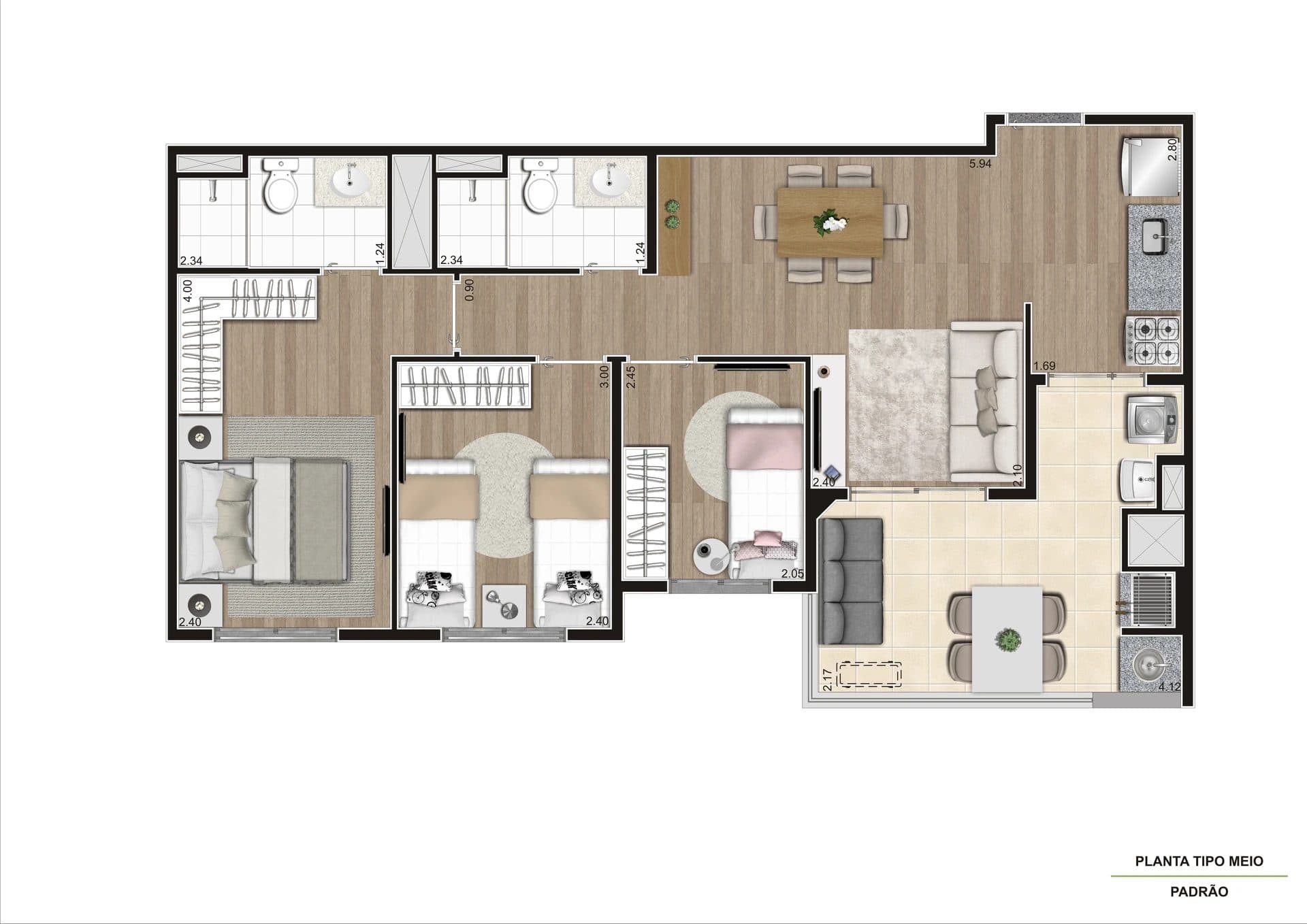 Planta baixa ilustrada de apartamento com layout dos ambientes mobiliados